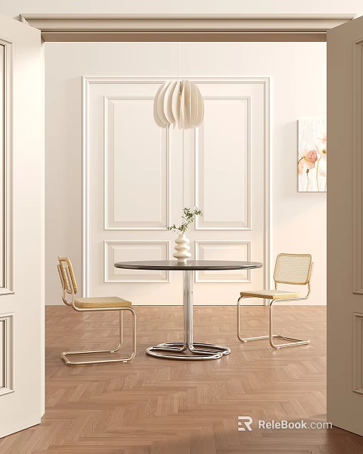 Round Dining Table Set With Two Gold Frame Chairs Beige Cushions White Wall Pendant Light 3d model