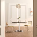 Round Dining Table Set With Two Gold Frame Chairs Beige Cushions White Wall Pendant Light 3d model
