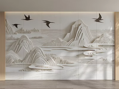 Chinese Style Background Wall with Relief Design of Mountains Water and Flying Birds 3d model
