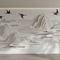 Chinese Style Background Wall with Relief Design of Mountains Water and Flying Birds
