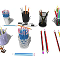 Assorted Colored Pencils and Ballpoint Pens in Different Holders Scattered on Surface
