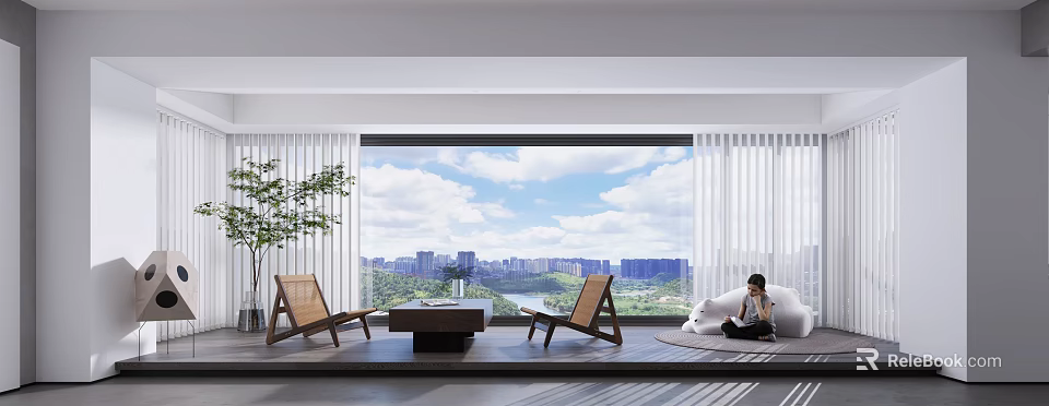 Modern Home Balcony with Wooden Chairs Coffee Table City View and Green Plants 3d model 