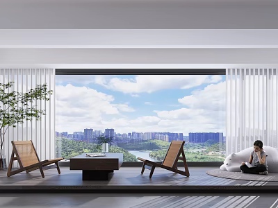 Modern Home Balcony with Wooden Chairs Coffee Table City View and Green Plants 3d model