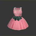 Elegant Pink Dress With Black Floral Decoration And Pearl Necklace