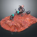 Turquoise Custom Motorcycle Design On Red Rock Surface With Black Wheels And Exhaust