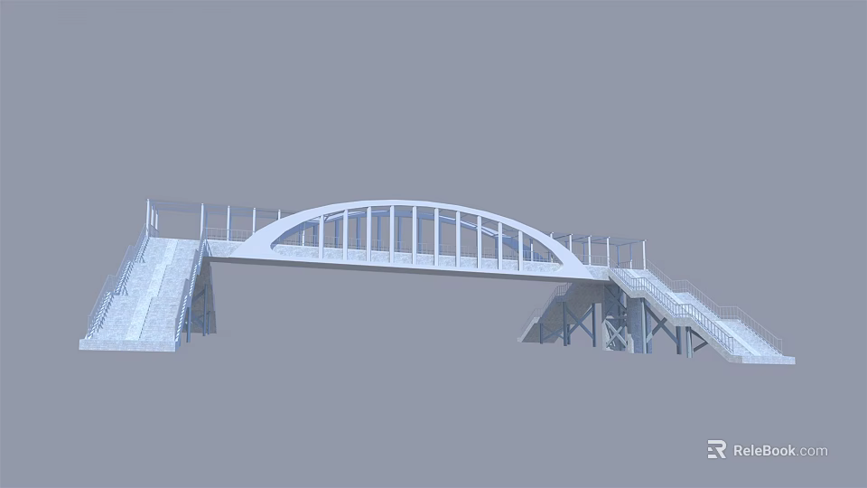 Modern Arch Bridge With White Structure Detailed Railing And Steps Design 3d model
