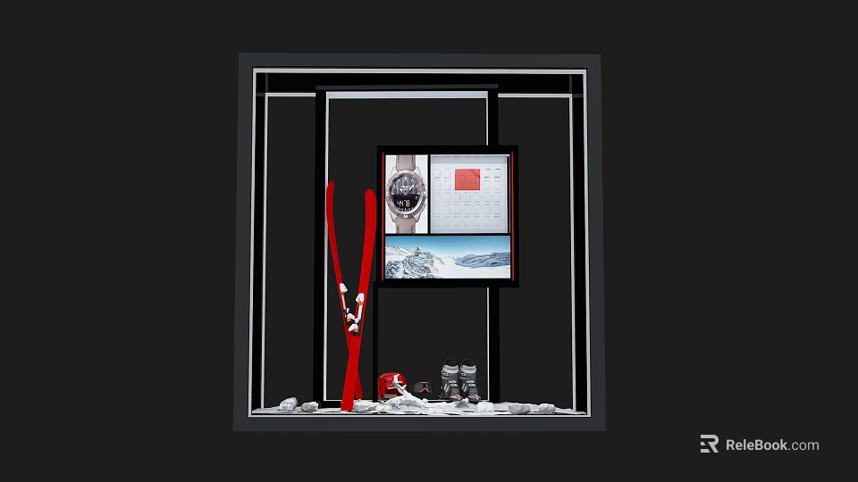 Layered Modern Window Display Design Featuring Red Poles Displayed Shoes And Artistic Backgrounds 3d model 
