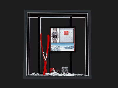 Layered Modern Window Display Design Featuring Red Poles Displayed Shoes And Artistic Backgrounds 3d model