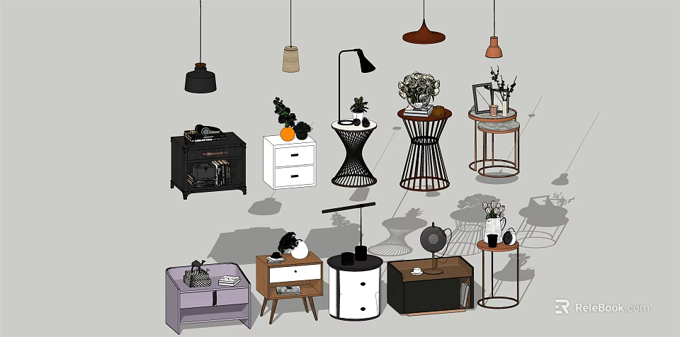 Modern Stylish Bedside Tables With Lamps Plants And Decorative Storage Solutions 3d model 