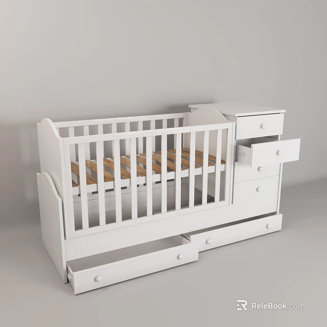 Modern White Baby Crib with Wooden Slats Drawers and Storage Design 3d model 