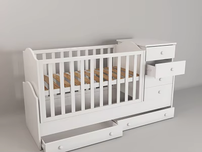Modern White Baby Crib with Wooden Slats Drawers and Storage Design 3d model