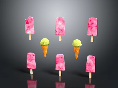 Delicious Pink Popsicles And Green Ice Cream Cones On Gray Background 3d model