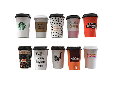 Various Designed Coffee Cups With Different Brands Colors And Patterns 3d model