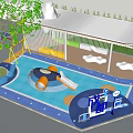 Green Children's Park Landscape With Colorful Slide Swings And Blue Play Ground