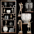 Ornamental Decor Combination with Sculptures Vases and Face Shaped Ornaments on Metal Frame Shelves