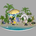 Tropical Beach Scene With Palm Trees Striped Umbrella Deck Chair Lifebuoy Boat And Blue Water