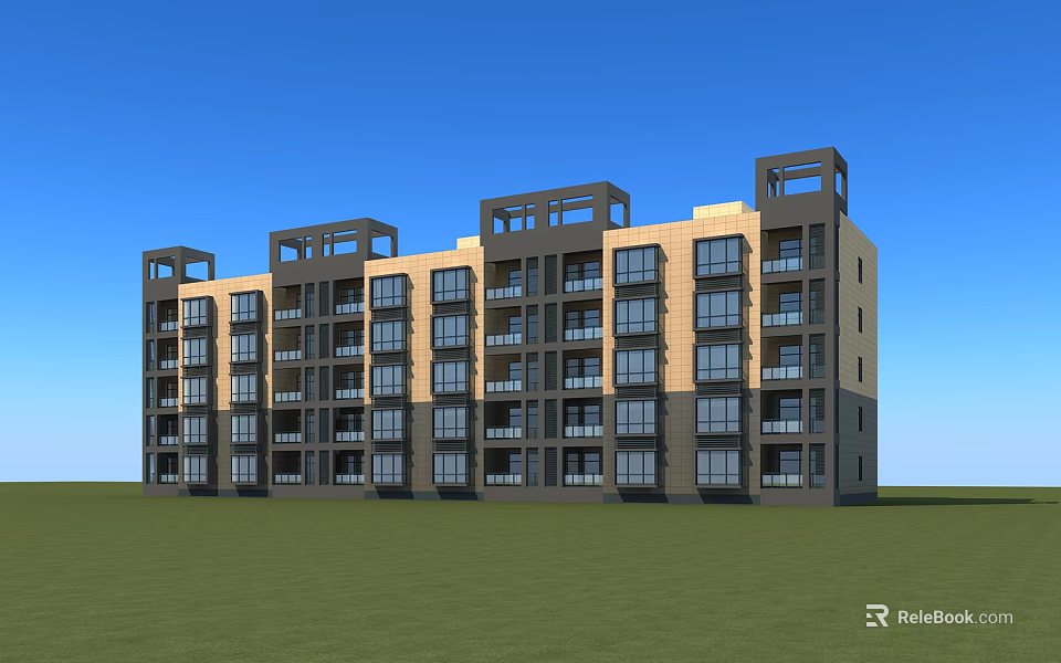 Modern Residential Building With Balconies Windows Beige Dark Gray Design Under Blue Sky Green Lawn 3d model 