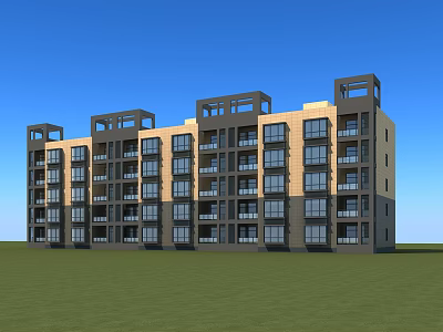 Modern Residential Building With Balconies Windows Beige Dark Gray Design Under Blue Sky Green Lawn 3d model