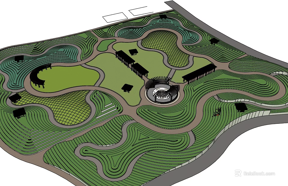 Beautiful Landscape Design With Green Vegetation Winding Paths Central Circular Structure And Grid Pattern Areas 3d model 