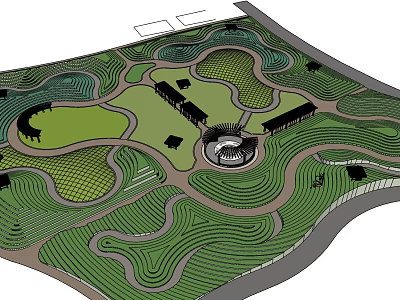 Beautiful Landscape Design With Green Vegetation Winding Paths Central Circular Structure And Grid Pattern Areas 3d model