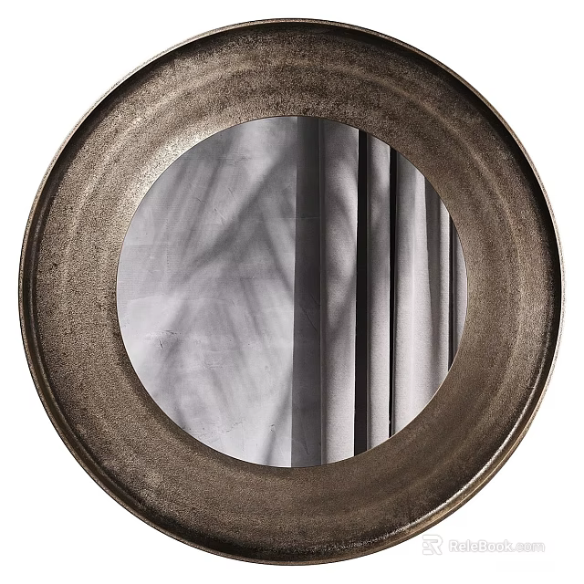 Round Textured Metal Frame Mirror With Reflected Gray Curtain And Leaf Shadow 3d model 