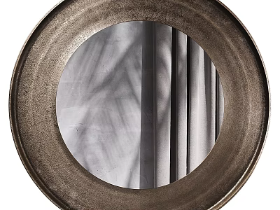 Round Textured Metal Frame Mirror With Reflected Gray Curtain And Leaf Shadow 3d model