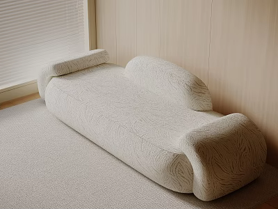 Cozy White Textured Single Sofa Against Wooden Wall On Soft Carpet Near Window With Blinds 3d model