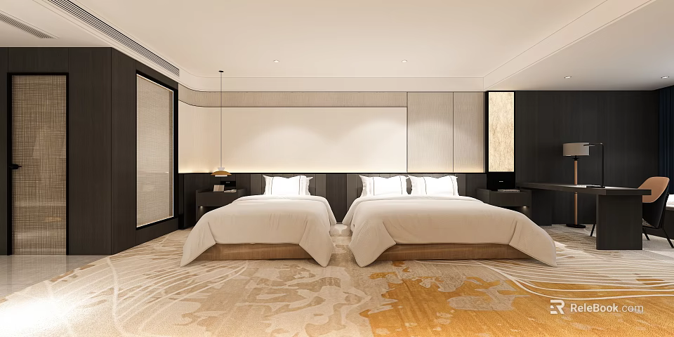 Modern Hotel Guest Room With Two White Beds Patterned Carpet And Bedside Lighting 3d model 