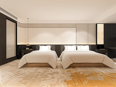Modern Hotel Guest Room With Two White Beds Patterned Carpet And Bedside Lighting 3d model