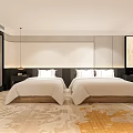 Modern Hotel Guest Room With Two White Beds Patterned Carpet And Bedside Lighting