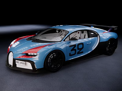 Blue Bugatti Sports Car With Number 32 Streamlined Body And Black Wheels 3d model