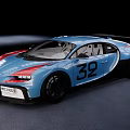 Blue Bugatti Sports Car With Number 32 Streamlined Body And Black Wheels