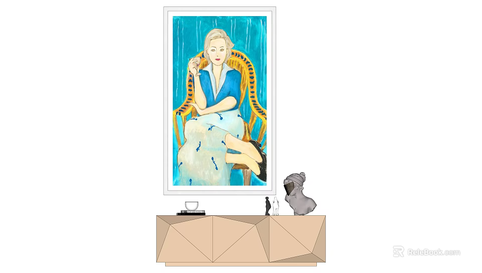Portrait Painting of Seated Woman in Yellow Chair with Blue Background and Cabinet Decor 3d model 