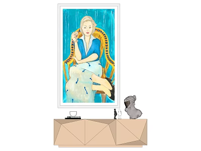Portrait Painting of Seated Woman in Yellow Chair with Blue Background and Cabinet Decor 3d model