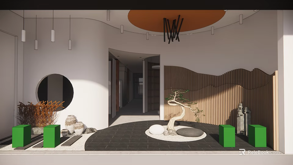 Indoor Landscape Interior With Round Mirror Green Cubes Bonsai Tree And Wooden Wavy Wall 3d model 