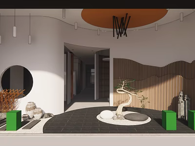 Indoor Landscape Interior With Round Mirror Green Cubes Bonsai Tree And Wooden Wavy Wall 3d model
