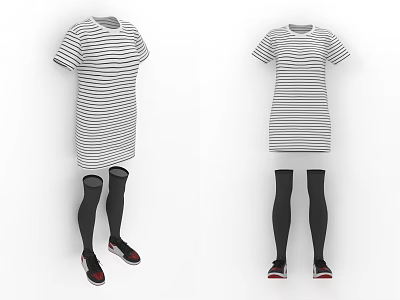 Striped Short Sleeve Dress With Black Knee High Socks And Red Sneakers 3d model