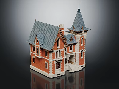 Victorian Architecture With Red Brick Exterior Gray Roof Spire Tower Arched Porch And White Trim 3d model