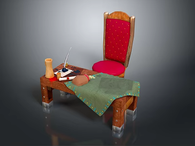 Wooden Table And Red Polka Dot Chair With Green Tablecloth Yellow Bottle Book And Glasses 3d model