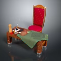 Wooden Table And Red Polka Dot Chair With Green Tablecloth Yellow Bottle Book And Glasses