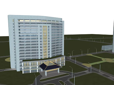 Modern High Rise Building Exterior Design With Glass Facade And Surrounding Green Areas 3d model