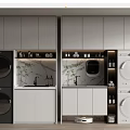 Elegant Modern Bathroom Cabinet With Marble Countertop Washing Machine Dryer Faucet And Potted Plant