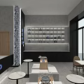 Modern Café Interior With Large Windows Gray Walls Wall Text Round Tables And Bar Counter