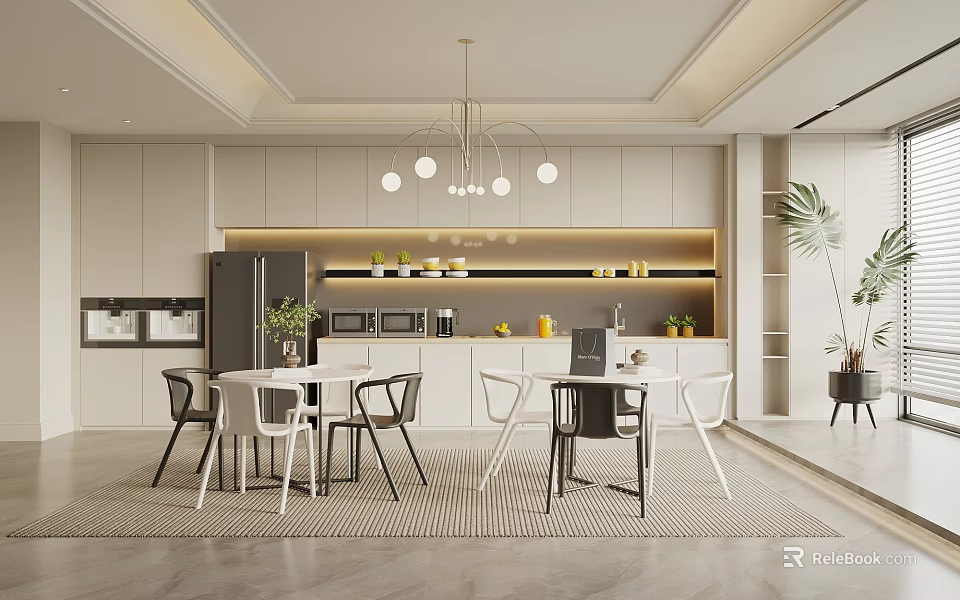 Modern Tea Room Interior Design With White Cabinets Island Counter Pendant Lights And Dining Chairs 3d model 