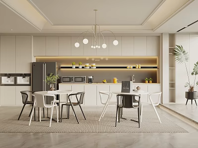 Modern Tea Room Interior Design With White Cabinets Island Counter Pendant Lights And Dining Chairs 3d model