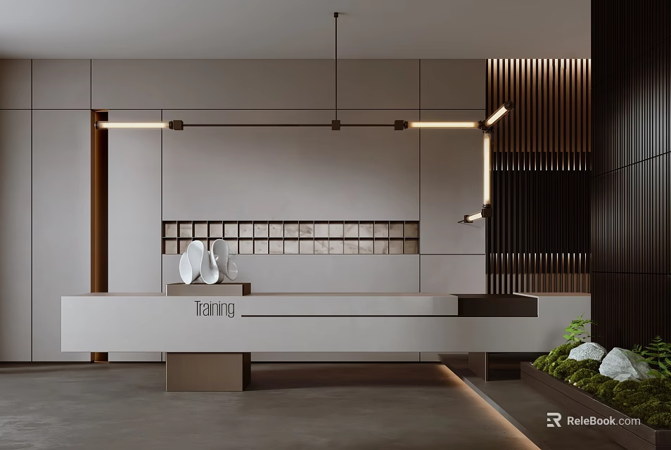 Modern Reception Area Interior Design With Stylish Counter And Warm Pendant Lighting 3d model 
