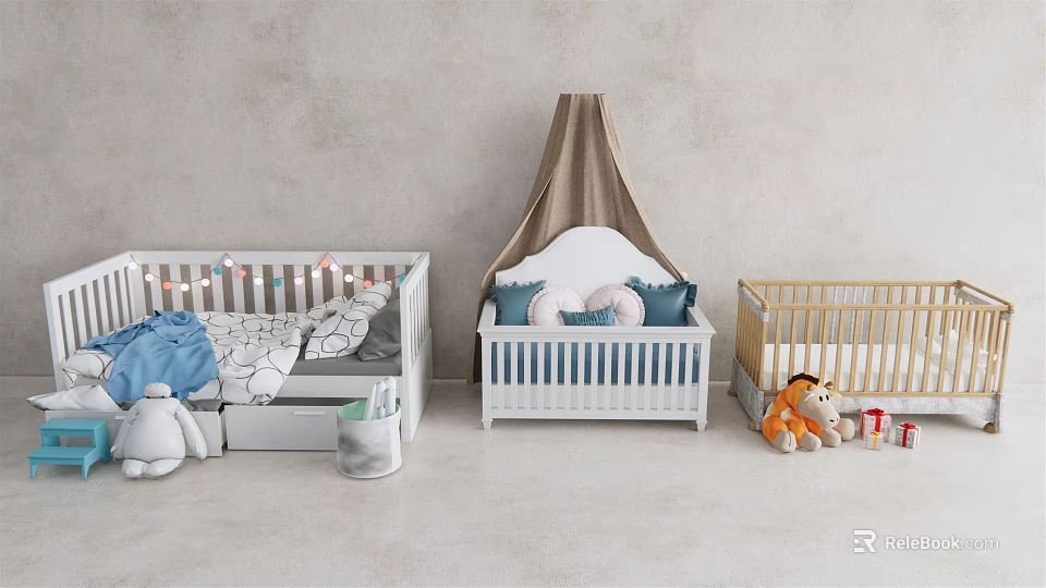 White and Gold Baby Cribs with Canopy Fairy Lights Bedding Cushions Toys and Gifts 3d model 