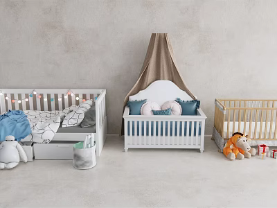 White and Gold Baby Cribs with Canopy Fairy Lights Bedding Cushions Toys and Gifts 3d model