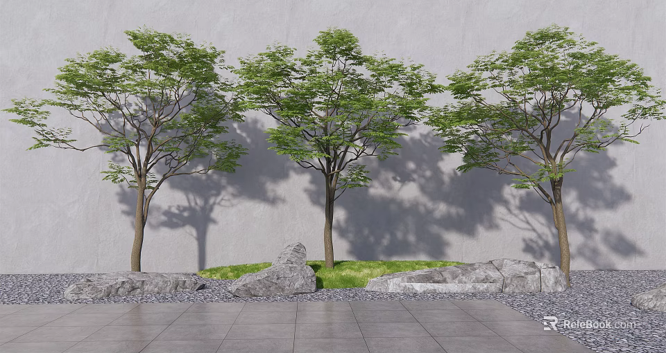 Arbor Trees with Green Leaves and Trunks Against Gray Wall Stone Pavement and Grass 3d model 
