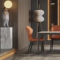 Modern Restaurant Interior With Orange Chairs Dining Table And Pendant Light 3d model